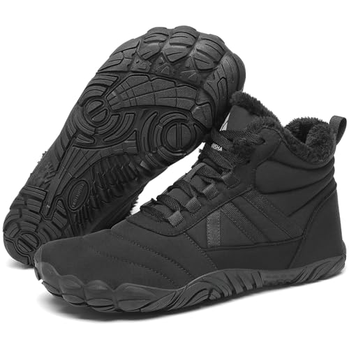 Mishansha Damen Herren Barfußschuhe Winter Warm Gefüttert Winterschuhe Outdoor Rutschfest Barfuss Winterstiefel Bequem Leicht Winterboots mit Zero-Drop Solhe und Breite Zehenbox, Schwarz 46EU von Mishansha
