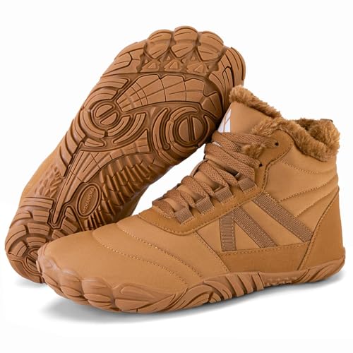 Mishansha Damen Herren Barfußschuhe Winter Warm Gefüttert Winterschuhe Outdoor rutschfest Barfuss Winterstiefel Bequem Leicht Winterboots mit Zero-Drop Solhe und Breite Zehenbox, Braun 45EU von Mishansha