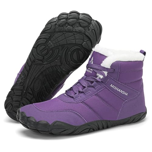 Mishansha Damen Herren Barfußschuhe Winter Warm Gefüttert Winterschuhe Outdoor rutschfest Barfuss Winterstiefel Bequem Leicht Winterboots mit Zero-Drop Solhe und Breite Zehenbox, Violett 41EU von Mishansha
