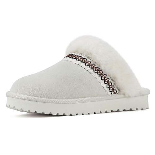 Mishansha Warme Hausschuhe Damen Winter Pantoletten Plüsch Slippers Rutschfest für den Innen- und Außenbereich Beige Weiß 39 EU von Mishansha
