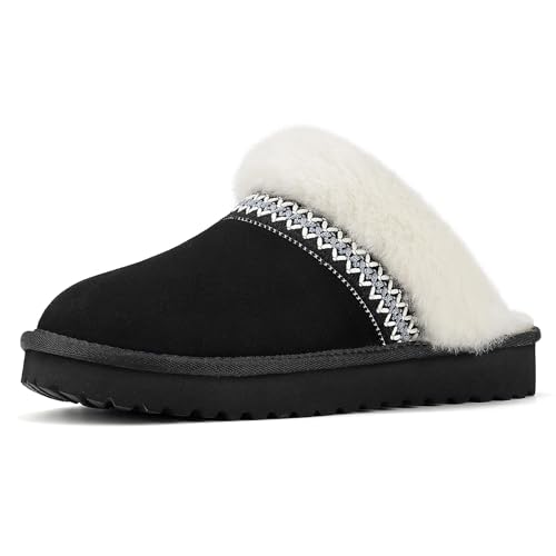 Mishansha Warme Hausschuhe Damen Winter Pantoletten Plüsch Slippers Rutschfest für den Innen- und Außenbereich Schwarz 36 EU von Mishansha