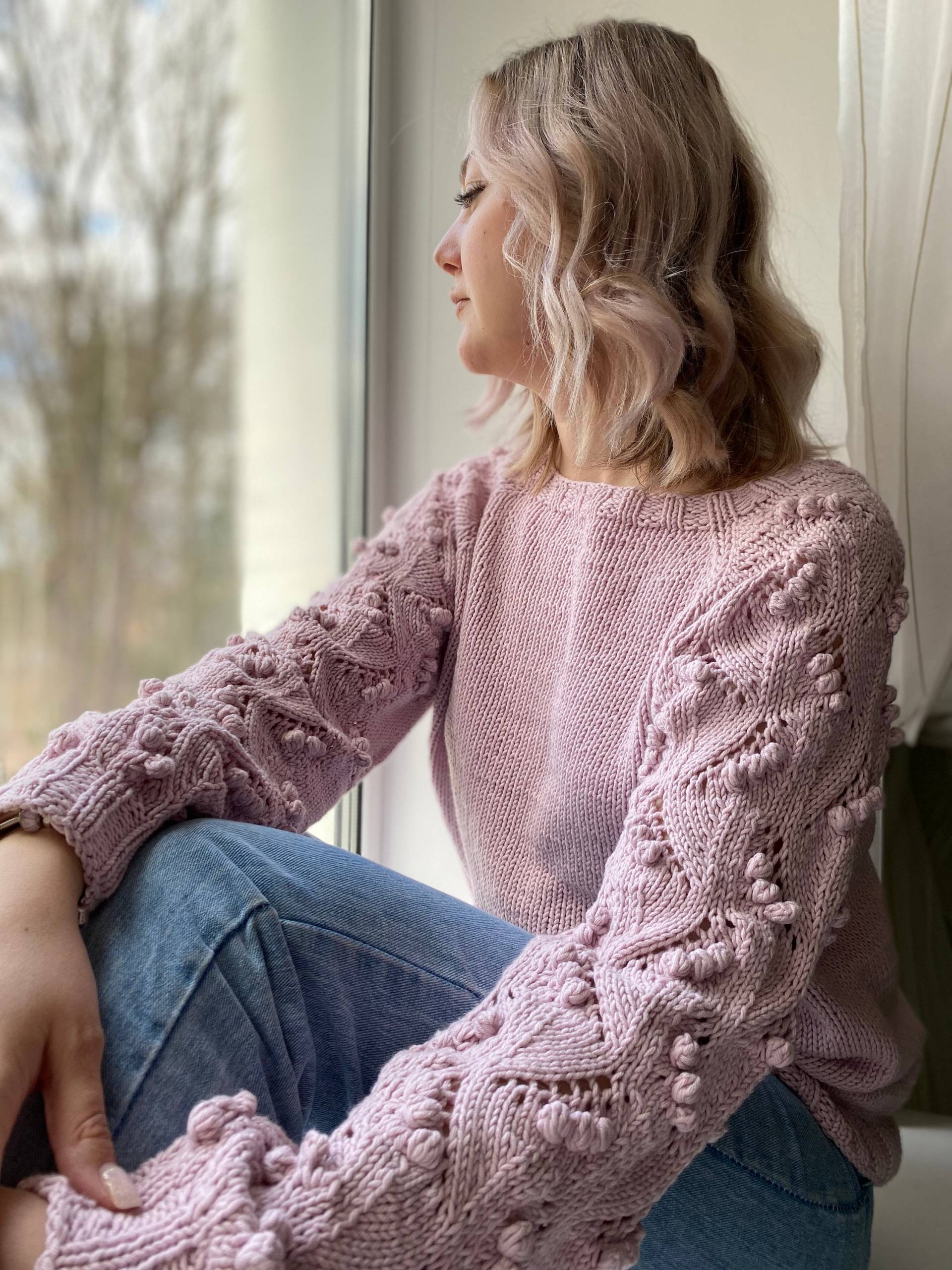 Mädchen Popcorn Pullover, Damen Bommel Handgestrickter Baumwoll Weicher Rosa Pullover Für Frauen, Muttertagspullover von MishkaKnitwear