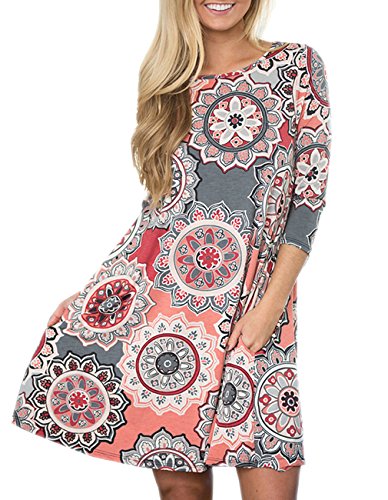 Damen 3/4 Ärmel Damast Blumendruck Tunika Kleid Bohemian Swing Casual Midi Kleid mit Tasche Tunika Blusen für Leggings, Grau, Large von Miskely