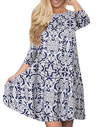 Damen 3/4 Arm Damast Floral Printed Tunika Kleid Bohemian Swing Casual Midi Kleid mit Tasche Tunika Blusen für Leggings - - Medium von Miskely