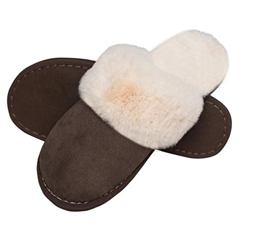 Lastia Damen Hausschuhe Winter Warm Faux Pelz Slipper Weiche Flache Plüsch Pantoffel Rutschfeste Outdoor/Indoor- 38.5/40 EU, Etikettgröße: 280 (42-43), Dunkelbraun 6 von Misolin