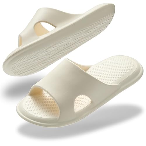 Misolin Badelatschen Damen Herren Badeschuhe Cozislides Wolke Hausschuhe Super Weich rutschfest Schlappen Cozy Cloudyzzz Pantoletten Sommer Quick Drying Shower Slides,Beige W12(42-43 EU) von Misolin