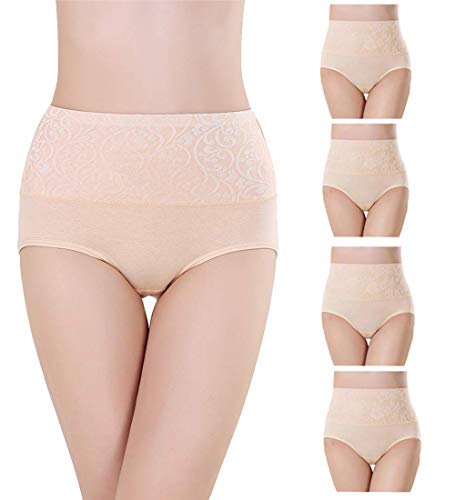 Misolin Damen Slips Baumwolle Panties Hoher Taille Unterhosen Taillenslip Gemütlich Unterwäsche Beige 4 Pack Tag 3XL (EU 44-46) von Misolin