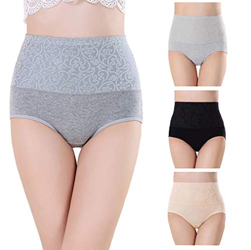 Misolin Damen Slips Baumwolle Panties Hoher Taille Unterhosen Taillenslip Gemütlich Unterwäsche Schwarz/Grau/Beige 3er Pack Tag 2XL (EU 40-42) von Misolin