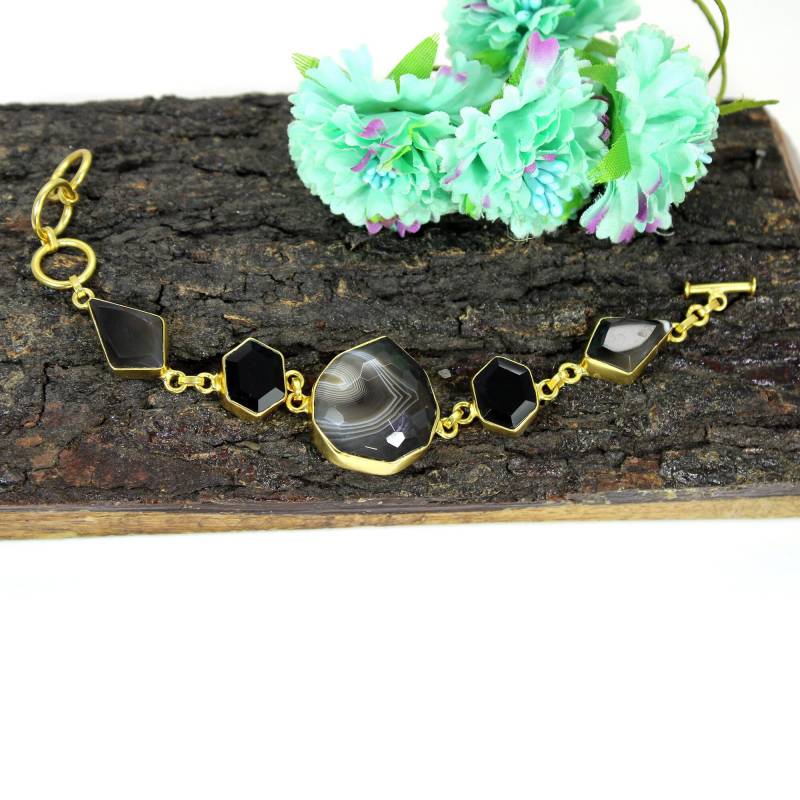 925 Sterlingsilber - Armband - Schwarzer Achat-Handgemachtes Vergoldeter Messing Armreif - Party Wear Designer Schmuck von MisomaSantiago