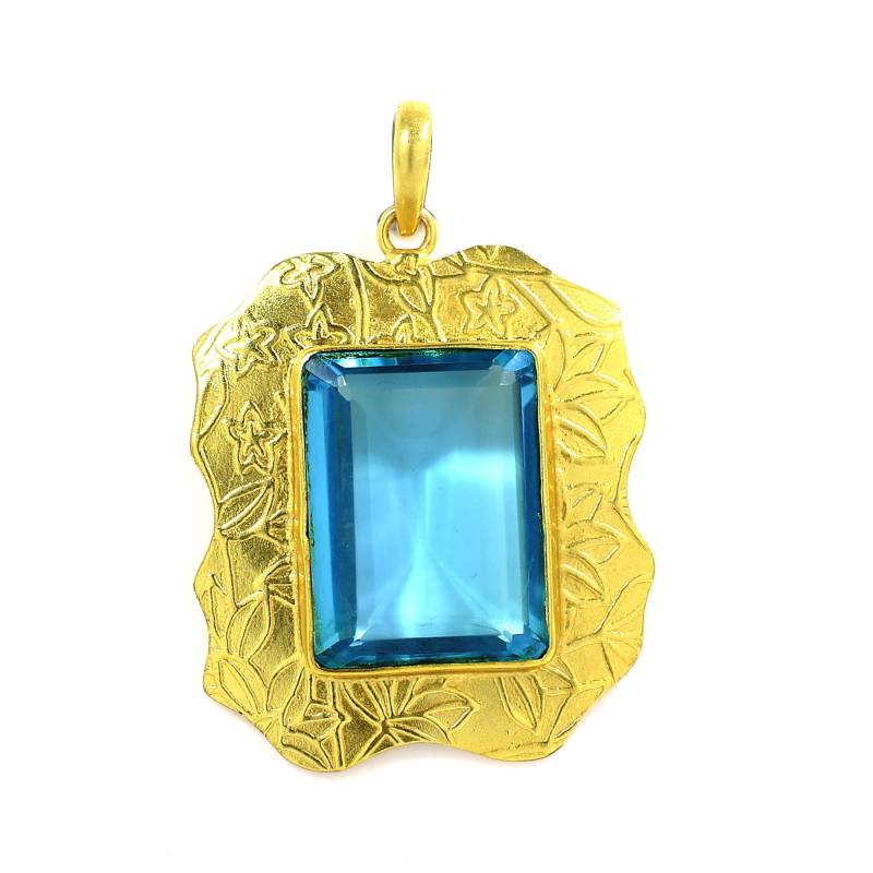 Blautopas Edelstein Anhänger, Messing Vergoldeter Handgemachter Designer Rechteck Brautjungfer Geschenke Anhänger Weihnachtsschmuck von MisomaSantiago