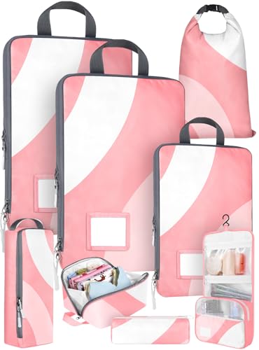 Miss Adola 8er-Set Kompressions-Verpackungswürfel für Reisegepäck, Organizer, Taschen für Koffer, niedlich, wasserdicht, leicht, Urlaubszubehör, erweiterbare Organizer für Mädchen, Damen, Herren, rosa von Miss Adola