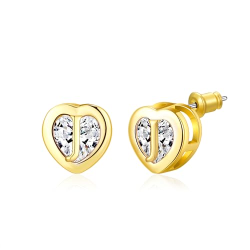 Herz Initial Ohrstecker 14K Gold plattiert CZ Hypoallergen Alphabet Buchstabe Initial Ohrringe Geburtstag Geschenke für Frauen(J) von Miss Chipmunk