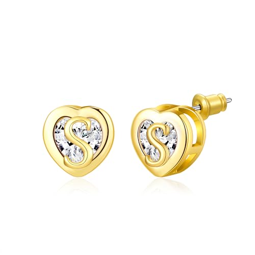Herz Initial Ohrstecker 14K Gold plattiert CZ Hypoallergen Alphabet Buchstabe Initial Ohrringe Geburtstag Geschenke für Frauen(S) von Miss Chipmunk