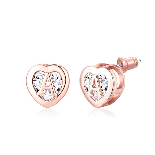 Herz Initial Ohrstecker 14K Rose Gold plattiert CZ Hypoallergen Alphabet Buchstabe Initial Ohrringe Geburtstag Geschenke für Frauen(A) von Miss Chipmunk