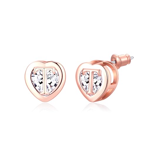Herz Initial Ohrstecker 14K Rose Gold plattiert CZ Hypoallergen Alphabet Buchstabe Initial Ohrringe Geburtstag Geschenke für Frauen(T) von Miss Chipmunk