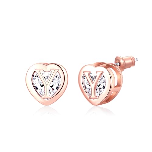 Herz Initial Ohrstecker 14K Rose Gold plattiert CZ Hypoallergen Alphabet Buchstabe Initial Ohrringe Geburtstag Geschenke für Frauen(Y) von Miss Chipmunk