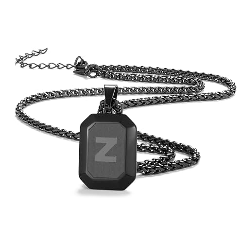 Initial A-Z Halskette für Männer Jungen, Edelstahl schwarzes Quadrat Brief Anhänger Kette für Männer, 20 + 2 Zoll Weizen Kette Alphabet Monogramm Hundemarke Halsketten Schmuck Geschenke(V) von Miss Chipmunk