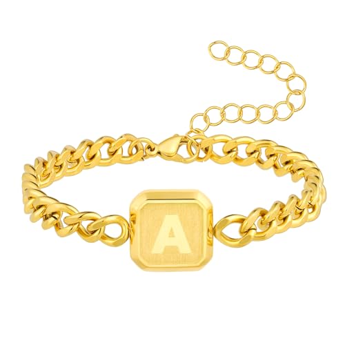 Initial Armband Gold Squre A-Z Letter Cuban Link Chain Herren Armbänder Einstellbare Größe Edelstahl Männer Schmuck Geschenke für Ehemann Vater Bruder Sohn (Gold A) von Miss Chipmunk
