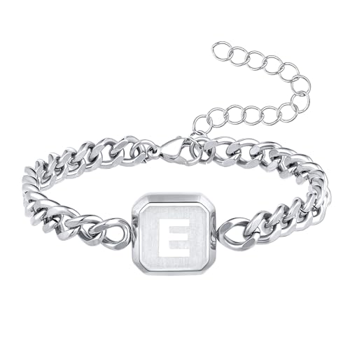 Initial Armband Silber Squre A-Z Letter Cuban Link Chain Herren Armbänder Einstellbare Größe Edelstahl Männer Schmuck Geschenke für Ehemann Vater Bruder Sohn (Silber C) von Miss Chipmunk