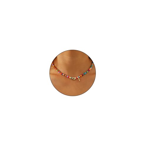 Miss Chipmunk Bunte Perlenkette für Frauen Mädchen Alphabet Choker Bohemian Halskette Silber plattiert Anhänger mit herzförmigen Metall Y2K Boho Sommer Halskette Schmuck Geschenk(I) von Miss Chipmunk