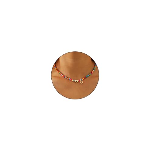 Miss Chipmunk Bunte Perlenkette für Frauen Mädchen Alphabet Choker Bohemian Halskette Silber plattiert Anhänger mit herzförmigen Metall Y2K Boho Sommer Halskette Schmuck Geschenk(O) von Miss Chipmunk