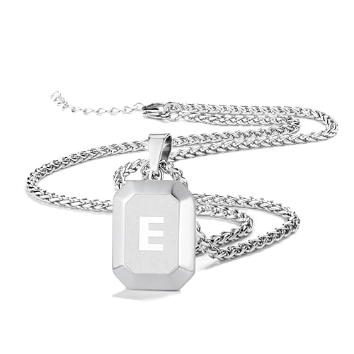 Miss Chipmunk Initial A-Z Halskette für Männer Jungen, Edelstahl Sliver Square Letter Anhänger Kette für Männer, 20 + 2 Zoll Weizen Kette Alphabet Monogramm Dog Tag Halsketten Schmuck Geschenke(B) von Miss Chipmunk
