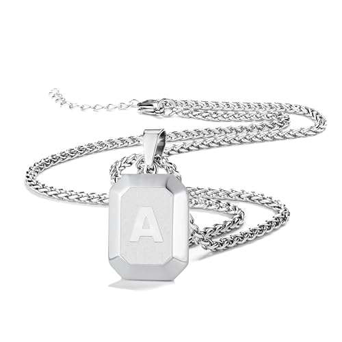 Miss Chipmunk Initial A-Z Halskette für Männer Jungen, Edelstahl Sliver Square Letter Anhänger Kette für Männer, 20 + 2 Zoll Weizen Kette Alphabet Monogramm Dog Tag Halsketten Schmuck Geschenke(A) von Miss Chipmunk