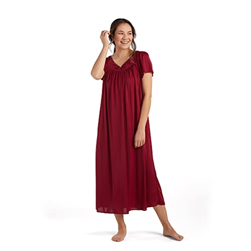 Miss Elaine Nachthemd - Damen Lang Tricot Nachthemd Kurze Flatterärmel Bequemer Leichter Stoff Nachtwäsche, Dark Cherry, Medium von Miss Elaine