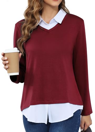 MISS FORTUNE Damen V-Ausschnitt Herbst Winter Pullover Kragen 2 in 1 Casual Langarm Patchwork Büro Pullover Shirts 2025, A-Wine Rot, Medium von Miss Fortune