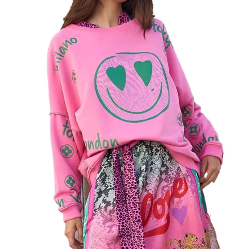 Miss Goodlife MG12995 Damen Sweatshirt Roundneck Heartface City Strass Print, flashrose/Green, L Miss Goodlife MG12995 Damen Sweatshirt Roundneck Heartface City Strass Print, flashrose/Green, L von Miss Goodlife