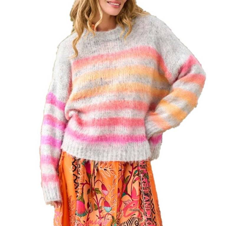 Miss Goodlife Rundhalspullover Strickpullover mit bunten Streifen MG12646 – Hellgrau von Miss Goodlife
