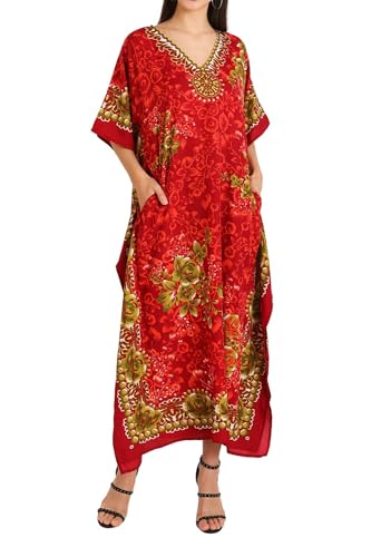 Miss Lavish Damen Kaftan Kleider Tunika Kimono Maxi Kaftan Plus Size Lounge Kleid, Rot, 44 DE/48 DE von Miss Lavish London