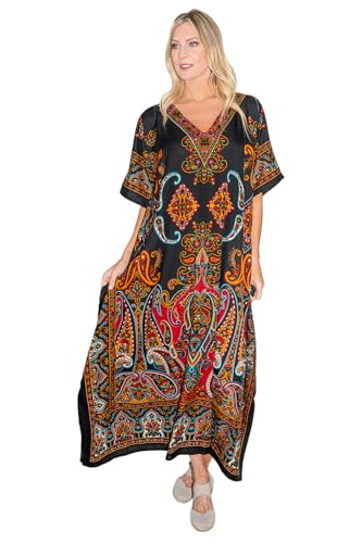 Miss Lavish London Frauen Damen Kaftan Tunika Kimono freie Größe Lange Maxi Party Kleid für Loungewear Urlaub Nachtwäsche Strand jeden Tag Kleider #102 [Schwarz EU 38-44] von Miss Lavish London