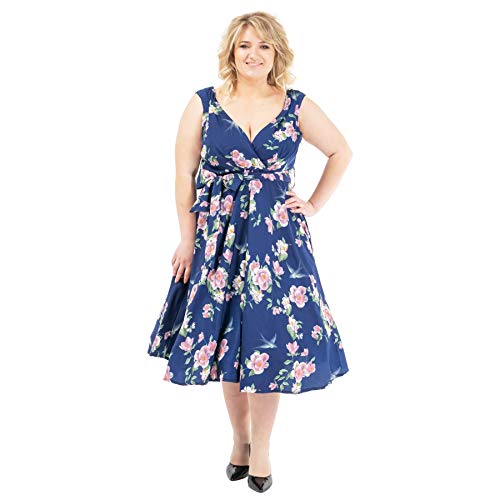 Miss Lavish London Frauen Plus Größe Kleider Retro Swing Blumen Rockabilly 40s und 50er Jahre Vintage Brautjungfer Kleid [BLUMEN-MARINE-52] von Miss Lavish London