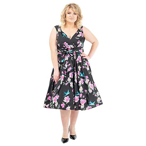 Miss Lavish London Frauen Plus Größe Kleider Retro Swing Blumen Rockabilly 40s und 50er Jahre Vintage Brautjungfer Kleid [BLUMEN-SCHWARZ-50] von Miss Lavish London