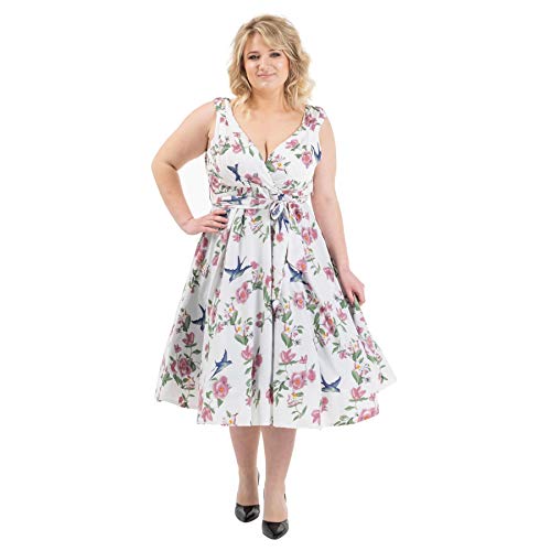 Miss Lavish London Frauen Plus Größe Kleider Retro Swing Blumen Rockabilly 40s und 50er Jahre Vintage Brautjungfer Kleid [BLUMEN-WEISS-48] von Miss Lavish London