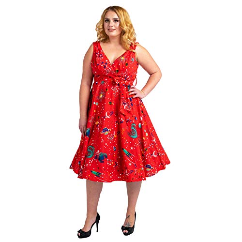 Miss Lavish London Frauen Plus Größe Kleider Retro Swing Blumen Rockabilly 40s und 50er Jahre Vintage Brautjungfer Kleid [GALAXIS-ROT-48] von Miss Lavish London