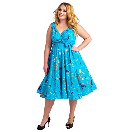 Miss Lavish London Frauen Plus Größe Kleider Retro Swing Blumen Rockabilly 40s und 50er Jahre Vintage Brautjungfer Kleid [GALAXIS-TURQ-50] von Miss Lavish London