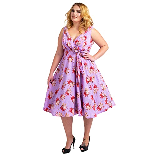 Miss Lavish London Frauen Plus Größe Kleider Retro Swing Blumen Rockabilly 40s und 50er Jahre Vintage Brautjungfer Kleid [SCHMETTERLING-LILA-52] von Miss Lavish London