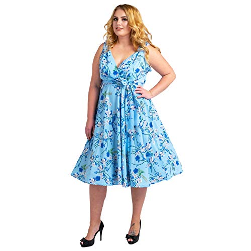 Miss Lavish London Frauen Plus Größe Kleider Retro Swing Blumen Rockabilly 40s und 50er Jahre Vintage Brautjungfer Kleid [VOGEL-BLAU-50] von Miss Lavish London