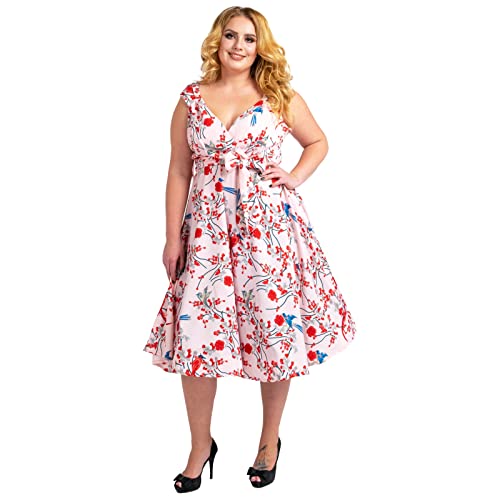 Miss Lavish London Frauen Plus Größe Kleider Retro Swing Blumen Rockabilly 40s und 50er Jahre Vintage Brautjungfer Kleid [VOGEL-ROSA-52] von Miss Lavish London