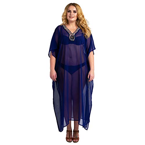 Miss Lavish London Kaftan Hand Bestickt Kaftan Strand Abdeckung Ups Kimono Sommer Maxi Kleider [139-Marine EU 52-56] von Miss Lavish London