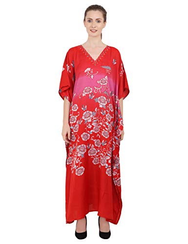 Kaftan Tunika Mehrfach Größen Einschließlich Plus Größe Strand Abdeckung Oben, Maxi Kleid, Schlafanzüge Stilvoll und Glamourös Kimono [Rot 52-56] von Miss Lavish London