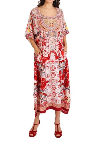 Miss Lavish London Kaftan Tunika in Übergröße, Maxikleid, Nachtwäsche, verziert Gr. 52-56, 133-rot Ferien Geschenke Neu jahre Geschenk von Miss Lavish London