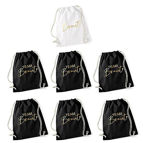 JGA Set Turnbeutel Rucksack Stoff-Taschen BRAUT & TEAM BRAUT mit Herz in weiß schwarz gold Accessoires & Zubehör Junggesellinnenabschied Frauen Inhalt 1x Braut & 6x Team Braut von Miss Lovely