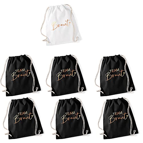 JGA Set Turnbeutel Rucksack BRAUT & TEAM BRAUT Stofftaschen für Junggesellenabschied Bride & Bride Crew Farben schwarz, weiß & rosé-gold Inhalt: 6x Beutel Team Braut & 1x Beutel Braut von Miss Lovely