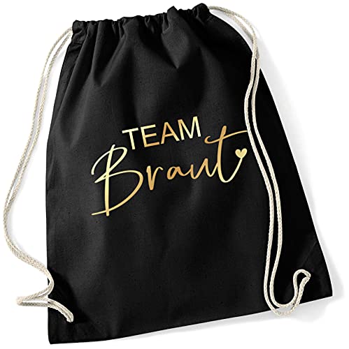 JGA Turnbeutel Rucksack Stoff-Tasche TEAM BRAUT mit Herz in schwarz & gold Accessoires & Zubehör Junggesellinnenabschied Junggesellenabschied Frauen Freundinnen Party von Miss Lovely