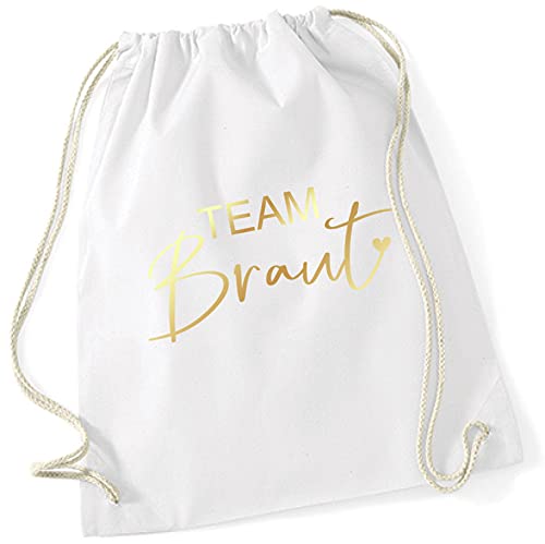 JGA Turnbeutel Rucksack Stoff-Tasche TEAM BRAUT mit Herz in weiß & gold Accessoires & Zubehör Junggesellinnenabschied Junggesellenabschied Frauen Freundinnen Party von Miss Lovely