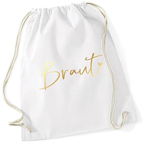 Miss Lovely JGA Turnbeutel Rucksack BRAUT Stofftasche mit Herz für Junggesellenabschied Bride Farben weiß & gold Baumwolle Maße 37 x 46cm von Miss Lovely