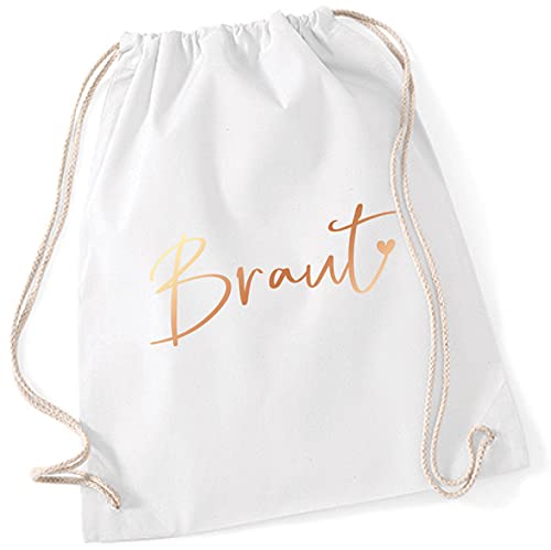 Miss Lovely JGA Turnbeutel Rucksack BRAUT Stofftasche mit Herz für Junggesellenabschied Bride Farben weiß & rosé-gold Baumwolle Maße 37 x 46cm von Miss Lovely